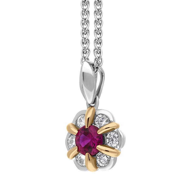 18ct White and Rose Gold Ruby Diamond Flower Cluster Necklace