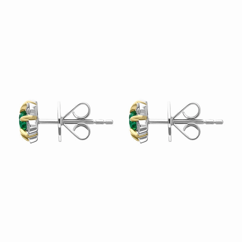 18ct White and Yellow Gold Emerald Diamond Flower Cluster Stud Earrings