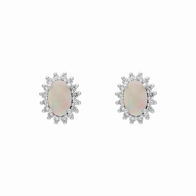 18ct White and Yellow Gold Opal Diamond Oval Cluster Stud Earrings