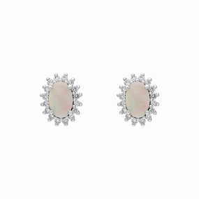 18ct White and Yellow Gold Opal Diamond Oval Cluster Stud Earrings