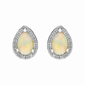 18ct White and Yellow Gold Opal Diamond Pear Cut Cluster Stud Earrings