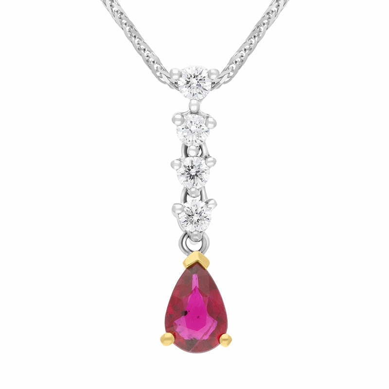 18ct White and Yellow Gold Ruby Diamond Drop Necklace