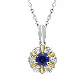 18ct White and Yellow Gold Sapphire Diamond Cluster Flower Pendant