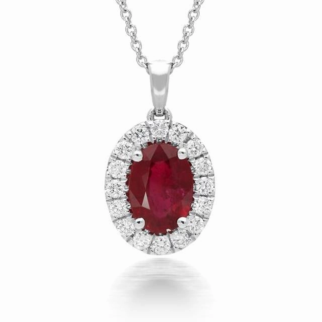 18ct White Gold1.02ct Ruby Diamond Oval Cluster Necklace