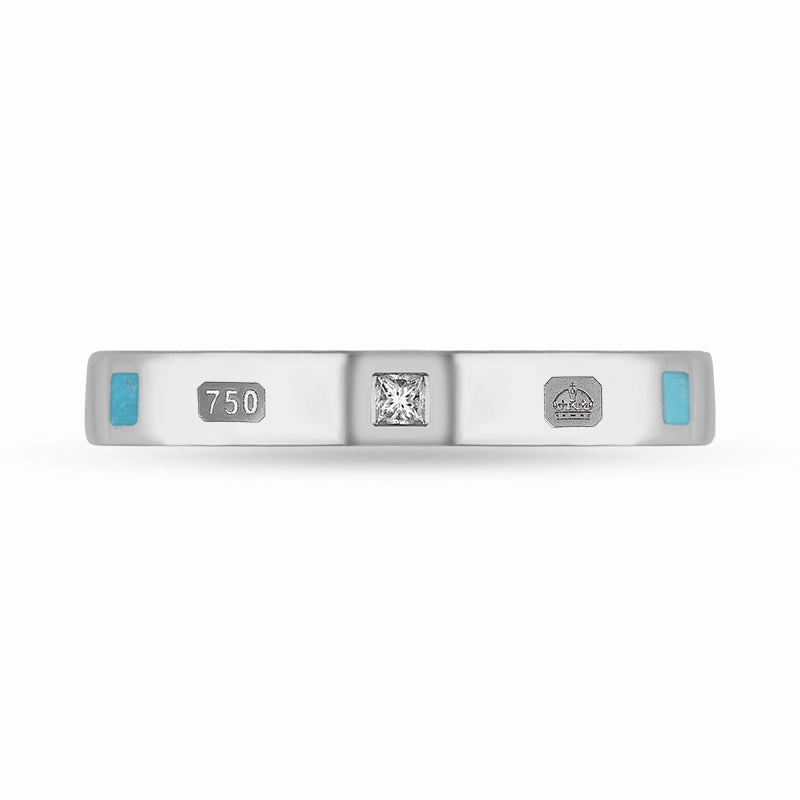18ct White Gold 0.05ct Diamond Turquoise King's Coronation Hallmark Princess Cut 3mm Ring D
