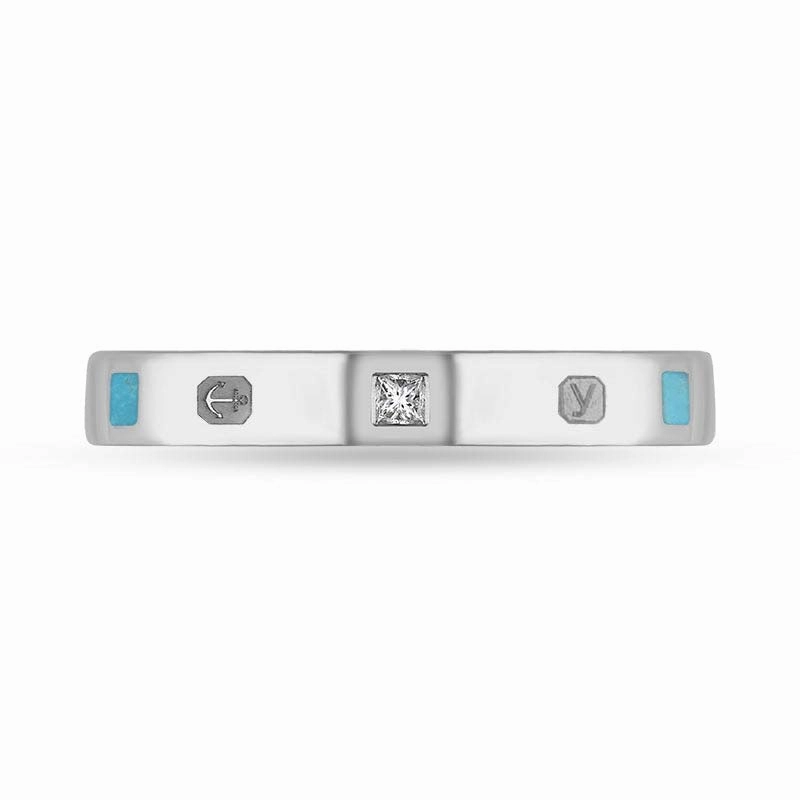 18ct White Gold 0.05ct Diamond Turquoise King's Coronation Hallmark Princess Cut 3mm Ring D