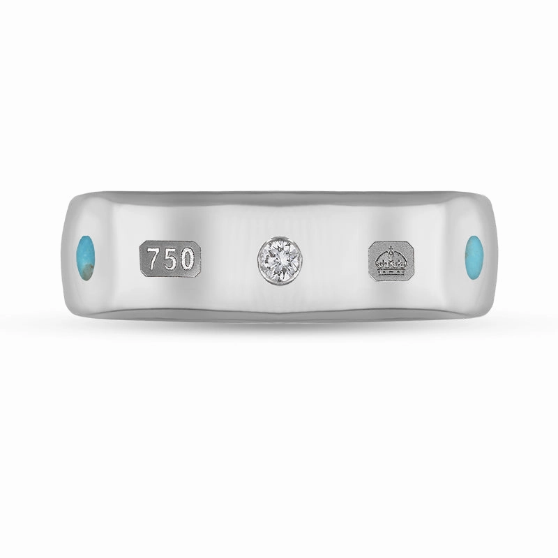 18ct White Gold 0.09ct Diamond Turquoise King's Coronation Hallmark 6mm Ring D
