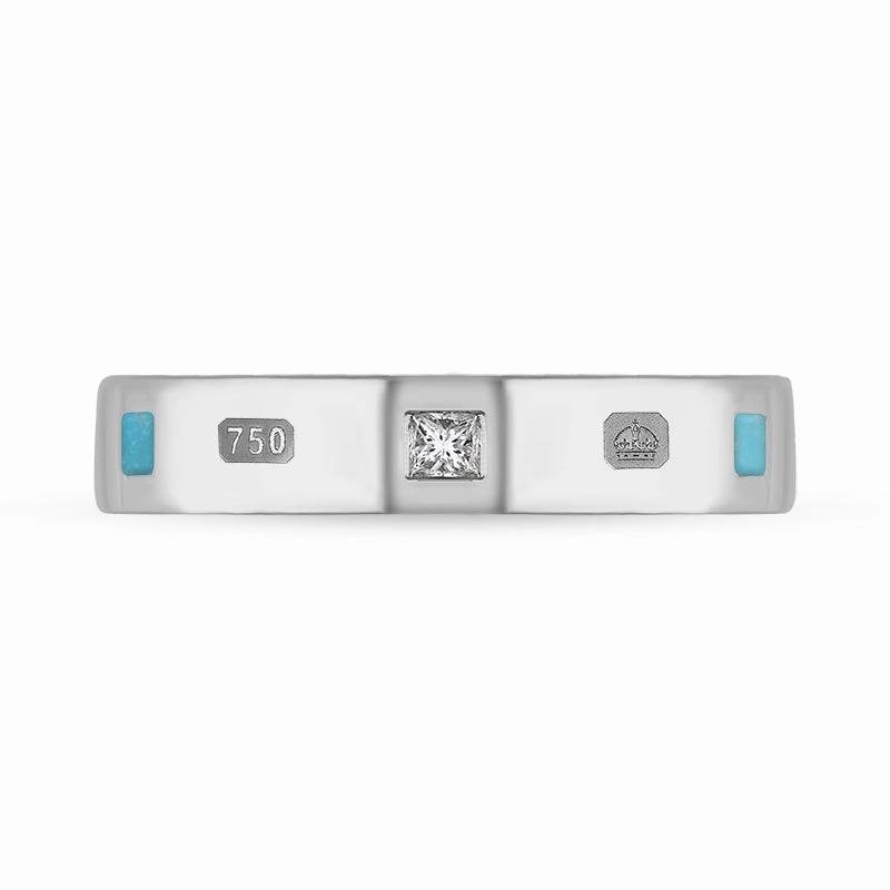 18ct White Gold 0.09ct Diamond Turquoise King's Coronation Hallmark Princess Cut 4mm Ring D