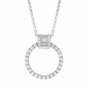 18ct White Gold 0.12 Diamond 0.35 Diamond Circle Bag Barrell Top Pendant & Chain