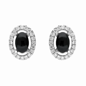 18ct White Gold 0.23ct Diamond Whitby Jet Oval Stud Earrings