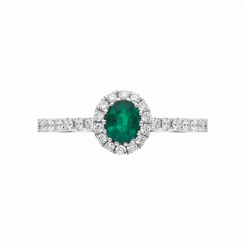 18ct White Gold 0.40ct Emerald Diamond Shoulder Set Halo Ring