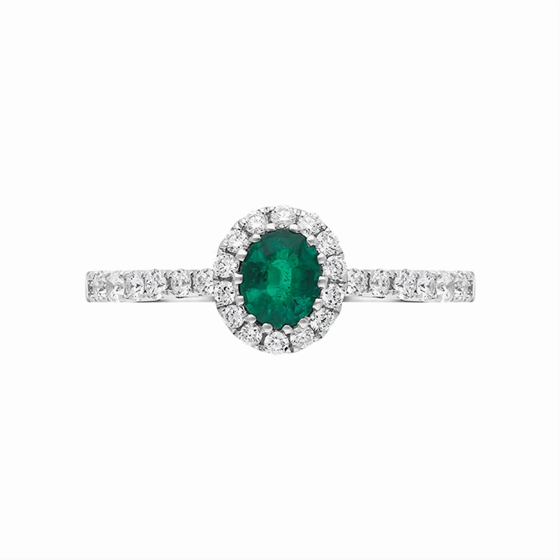 18ct White Gold 0.40ct Emerald Diamond Shoulder Set Halo Ring