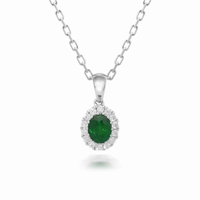 18ct White Gold 0.41ct Emerald and Diamond Oval Necklace