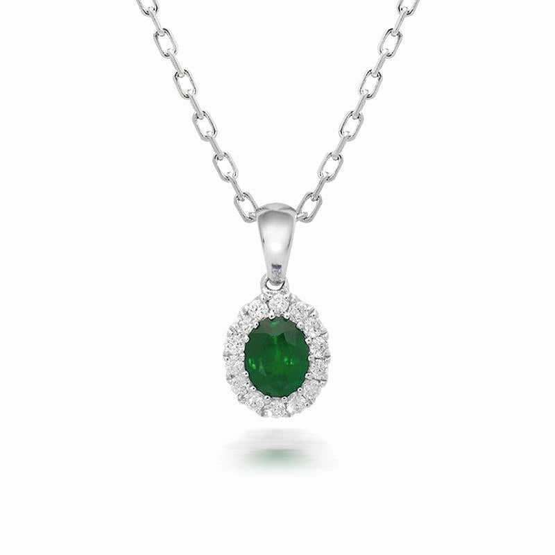 18ct White Gold 0.41ct Emerald and Diamond Oval Necklace