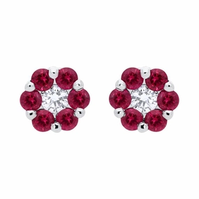 18ct White Gold 0.41ct Ruby Diamond Floral Cluster Earrings