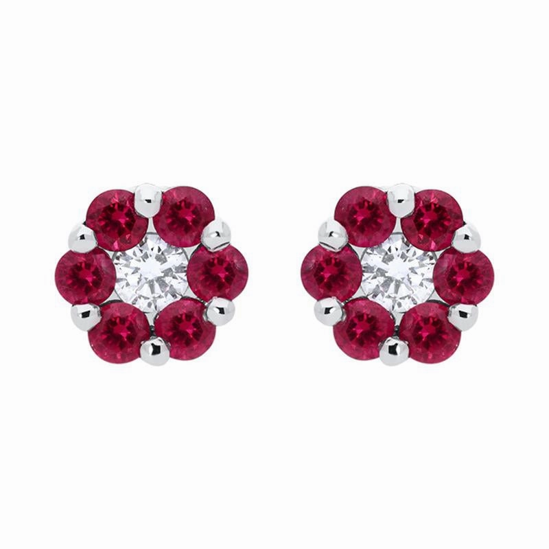 18ct White Gold 0.41ct Ruby Diamond Floral Cluster Earrings
