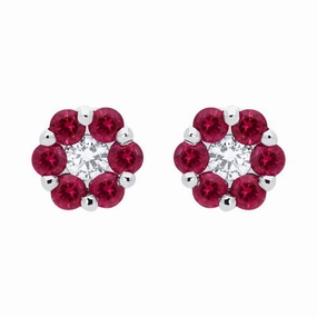 18ct White Gold 0.41ct Ruby Diamond Floral Cluster Earrings