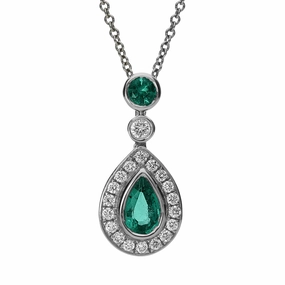 18ct White Gold 0.44ct Emerald and Diamond Pear Drop Necklace