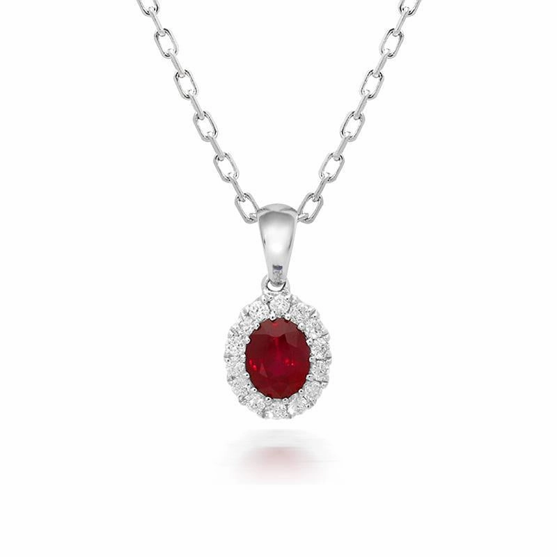 18ct White Gold 0.45ct Ruby Diamond Oval Cluster Necklace