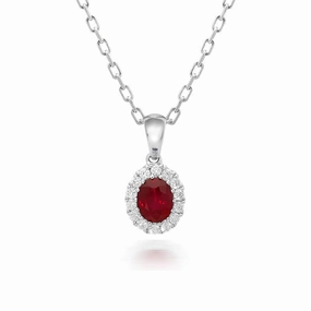 18ct White Gold 0.45ct Ruby Diamond Oval Cluster Necklace