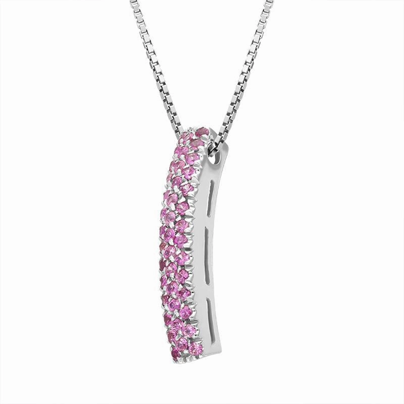 18ct White Gold 0.47ct Pink Sapphire Pave Curved Bar Necklace