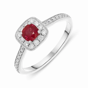 18ct White Gold 0.49ct Ruby Diamond Cushion Ring