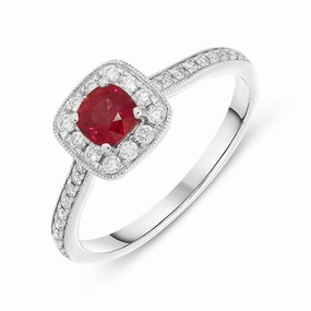 18ct White Gold 0.49ct Ruby Diamond Cushion Ring