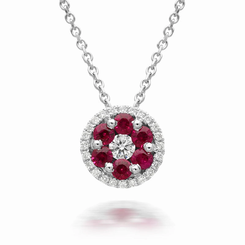 18ct White Gold 0.54ct Ruby Diamond Cluster Necklace