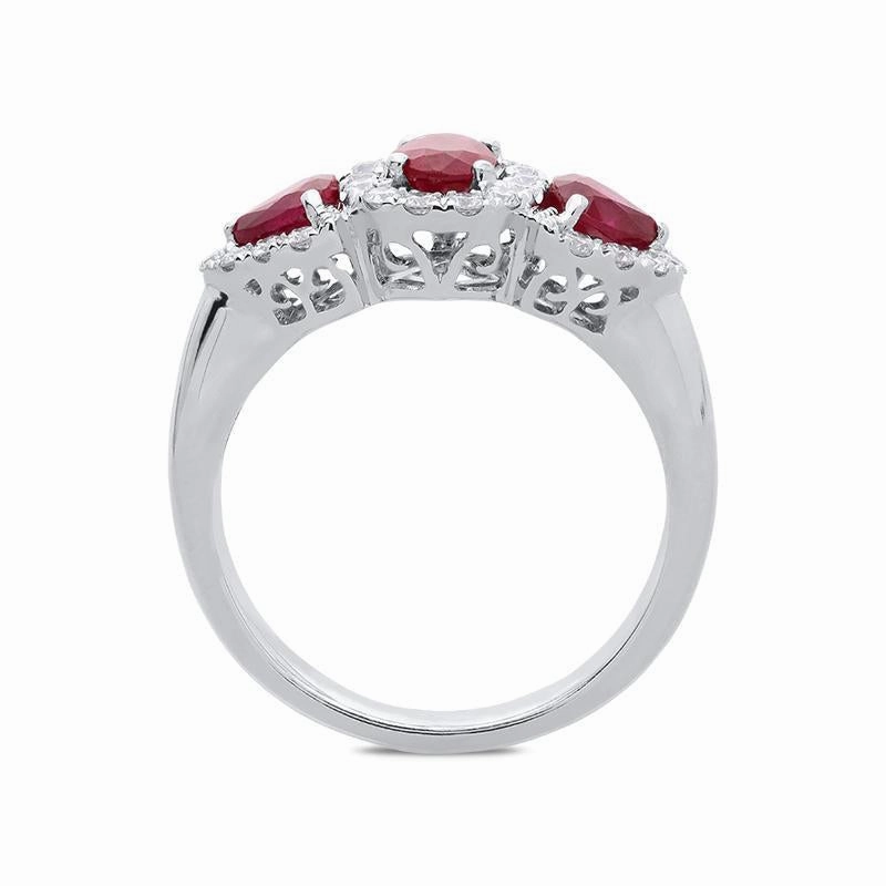18ct White Gold 0.55ct Ruby Diamond Cluster Trilogy Ring