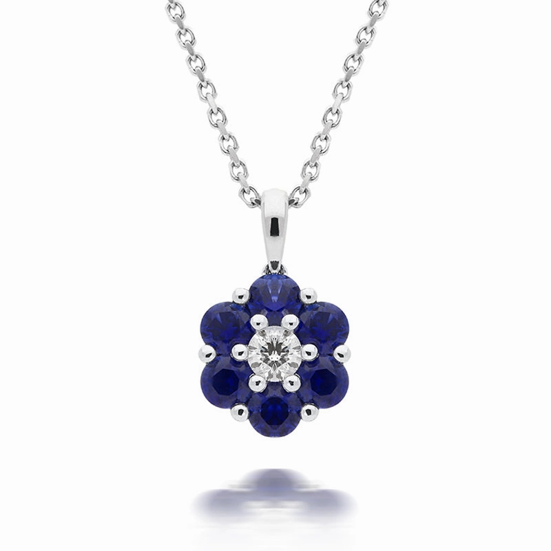 18ct White Gold 0.57ct Sapphire Diamond Floral Cluster Necklace