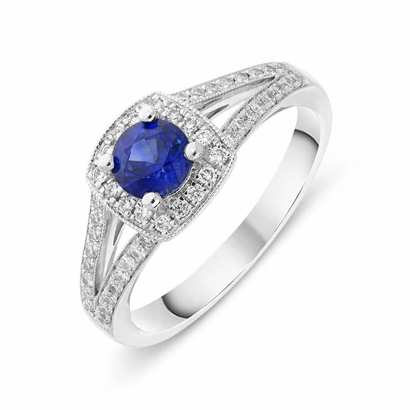 18ct White Gold 0.57ct Sapphire Diamond Milgrain Cluster Ring