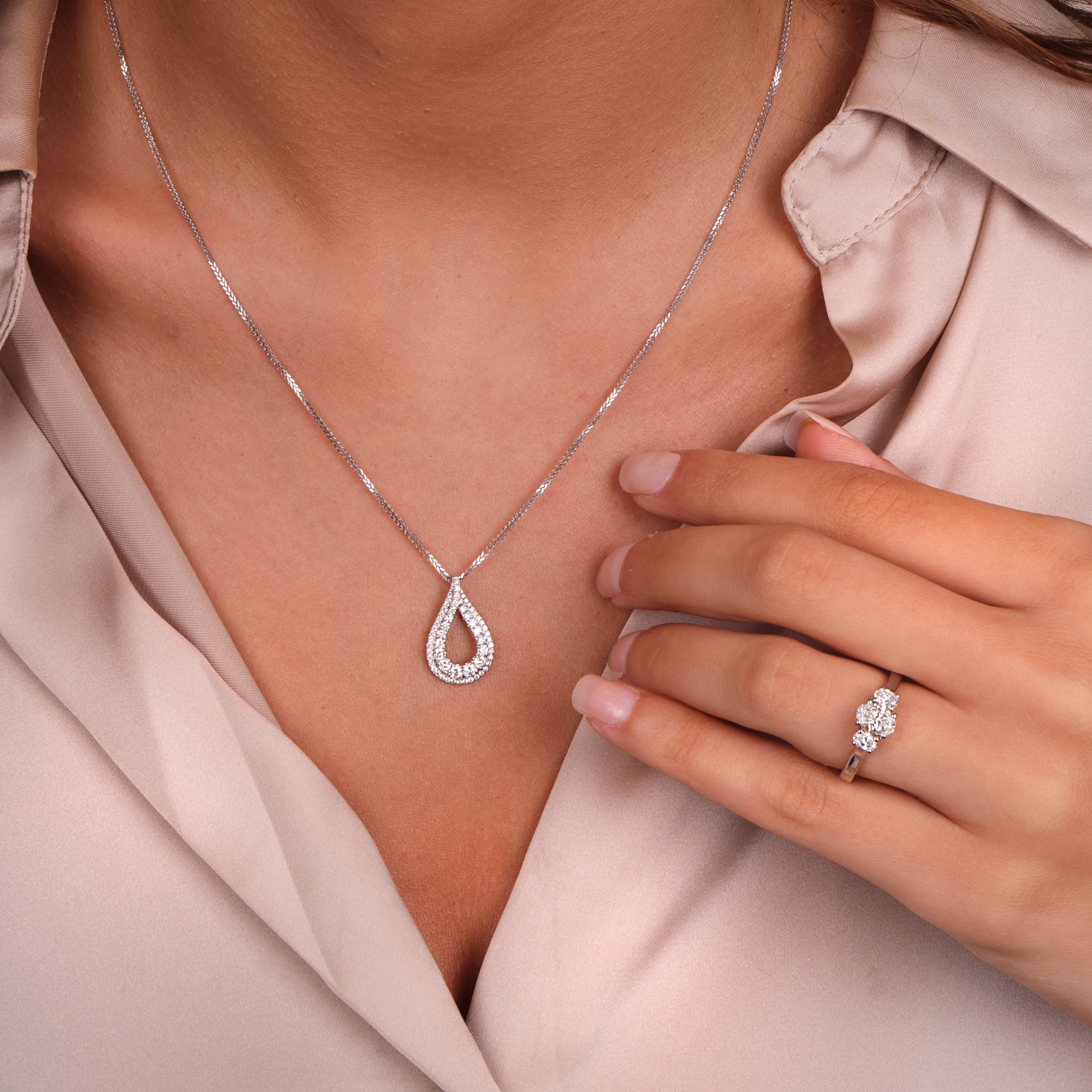 18ct White Gold 0.59ct Diamond Open Pear Necklace