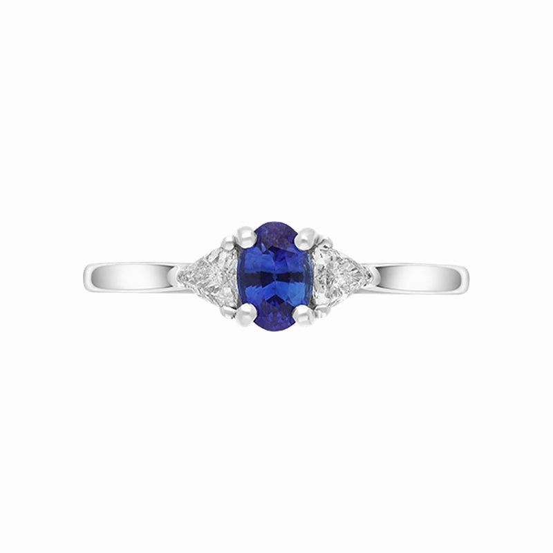 18ct White Gold 0.60ct Sapphire Diamond Oval and Trilliant Cut Three Stone Ring