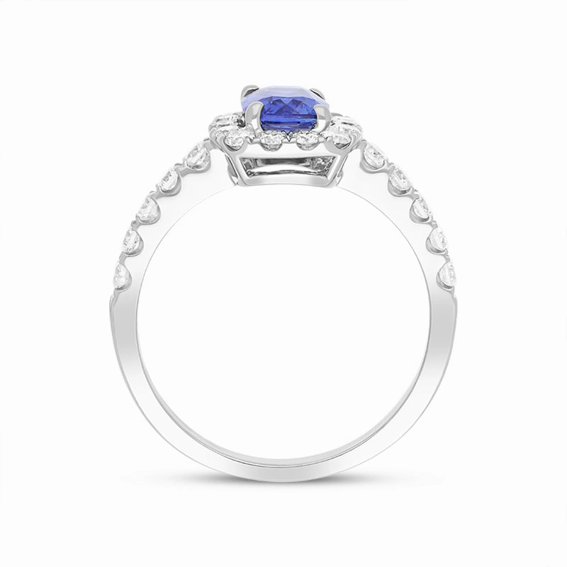 18ct White Gold 0.65ct Sapphire Diamond Halo Shoulder Set Ring