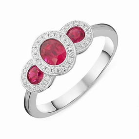 18ct White Gold 0.67ct Ruby Diamond Trilogy Cluster Ring