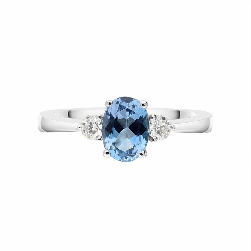 18ct White Gold 0.68ct Aquamarine Diamond Oval Trilogy Ring