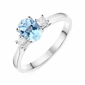 18ct White Gold 0.70ct Aquamarine and Diamond Three Stone Ring