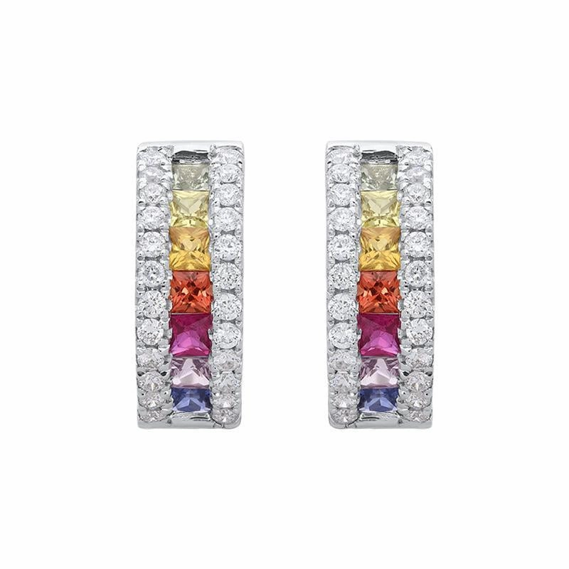18ct White Gold 0.70ct Rainbow Sapphire Diamond Hoop Earrings
