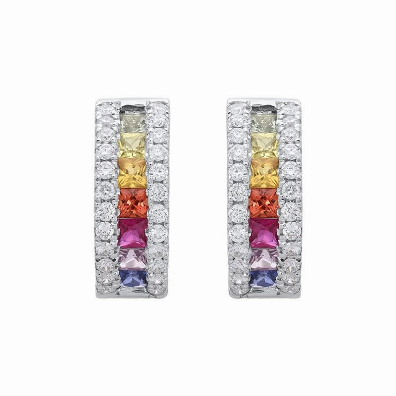 18ct White Gold 0.70ct Rainbow Sapphire Diamond Hoop Earrings