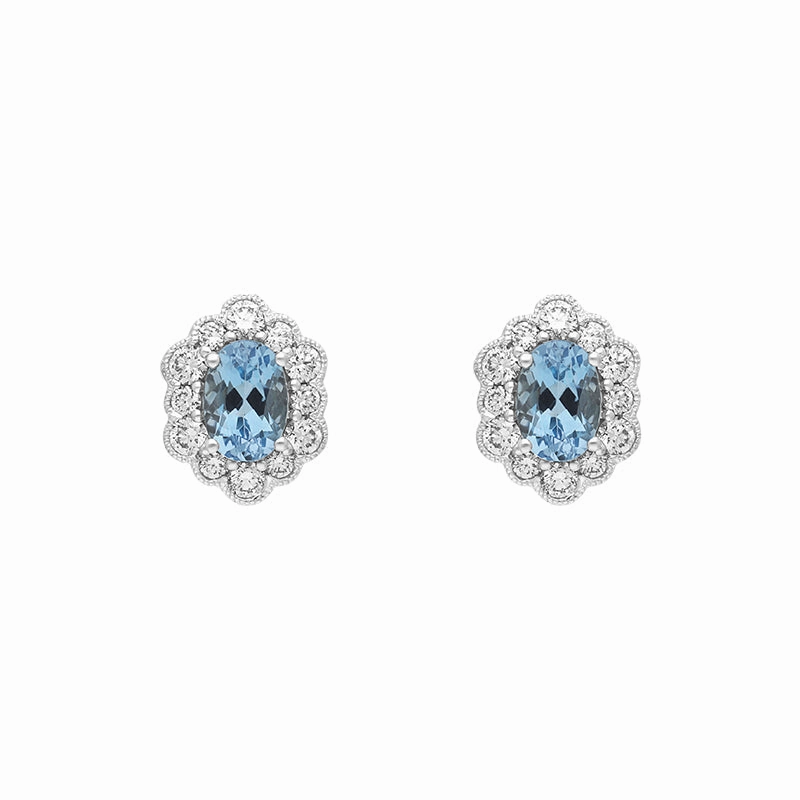 18ct White Gold 0.78ct Aquamarine Diamond Oval Cluster Stud Earrings