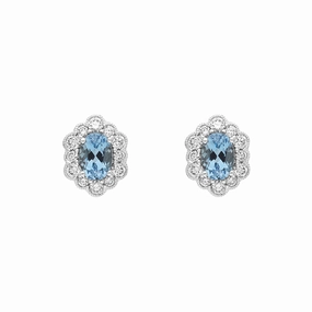 18ct White Gold 0.78ct Aquamarine Diamond Oval Cluster Stud Earrings
