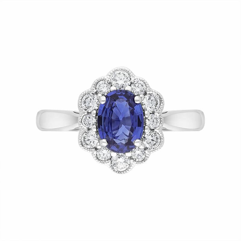 18ct White Gold 0.80ct Sapphire Diamond Oval Cluster Halo Ring