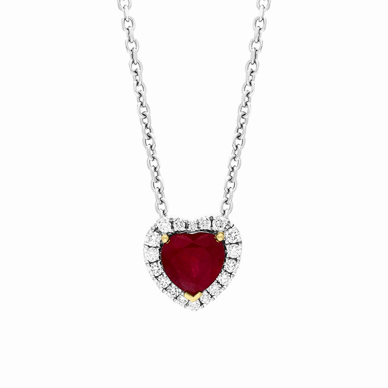 18ct White Gold 0.94ct Ruby Diamond Heart Cluster Pendant