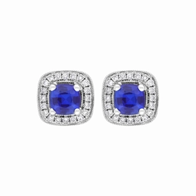18ct White Gold 0.95ct Sapphire 0.19ct Diamond Pave Stud Earrings
