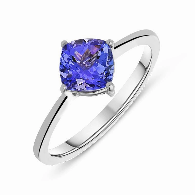 18ct White Gold 1.00ct Tanzanite Cushion Cut Solitaire Ring