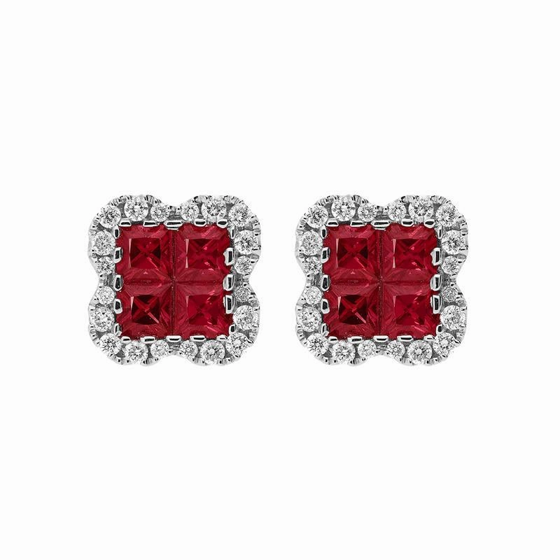 18ct White Gold 1.12ct Ruby 0.32ct Diamond Cluster Earrings