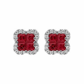 18ct White Gold 1.12ct Ruby 0.32ct Diamond Cluster Earrings