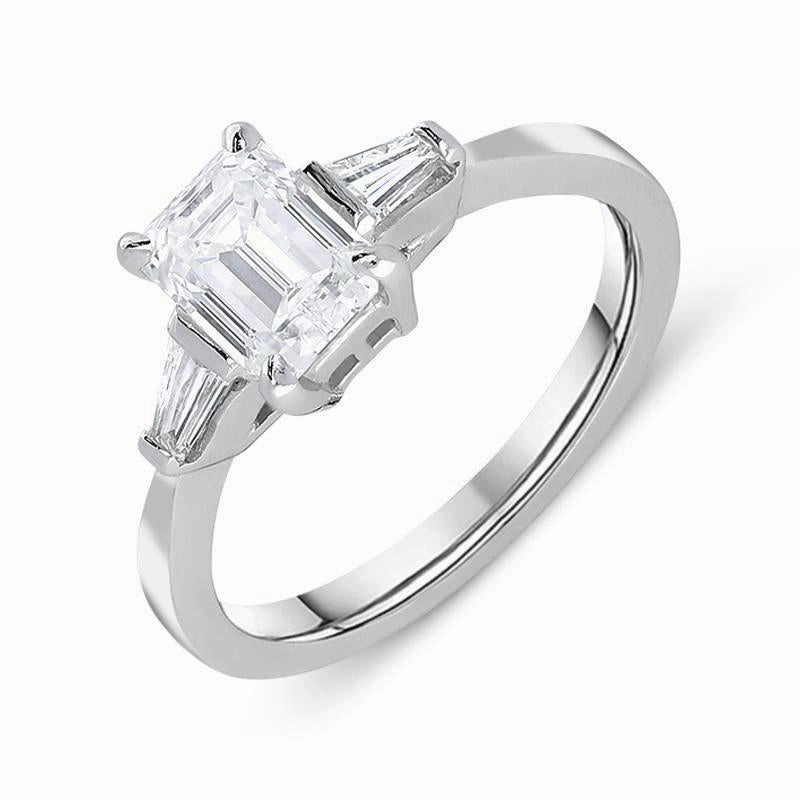 18ct White Gold 1.14ct Diamond Emerald & Baguette Cut Trilogy Ring