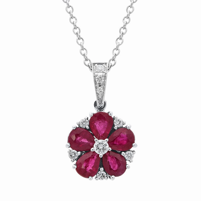 18ct White Gold 1.14ct Ruby Diamond Cluster Necklace