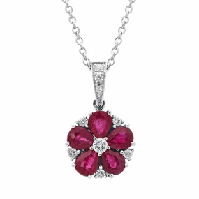 18ct White Gold 1.14ct Ruby Diamond Cluster Necklace